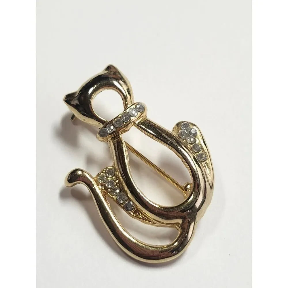 Gold Cat Brooch Pin with Clear Rhinestones- Elegant Pet-Themed Accessory